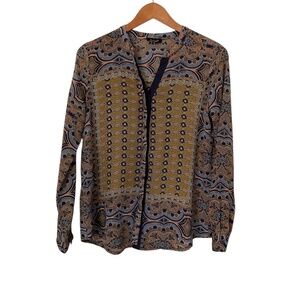 Tolani Anthropologie 100% Silk Blouse XS Multicolor V-Neck Buttons Boho Artsy